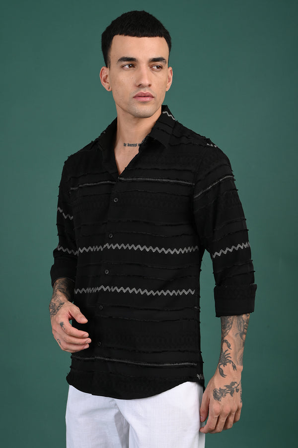 Black Horizontal Stripe Self Design Shirt