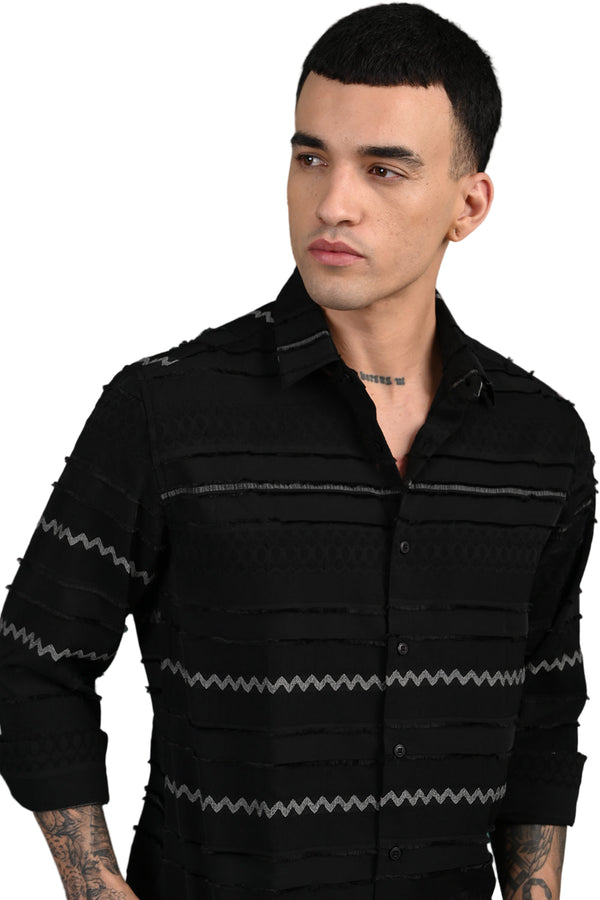 Black Horizontal Stripe Self Design Shirt