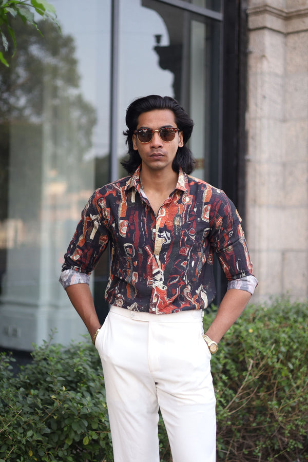 Rust Orange Full Sleeve Abstract Printed Shirt