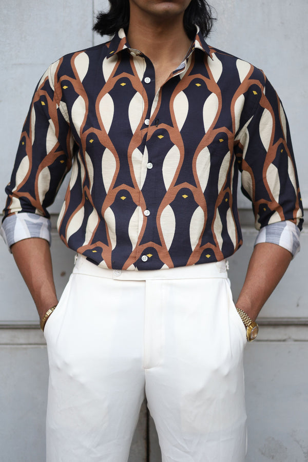 Dark Brown Full Sleeve Bird Printed Shirt