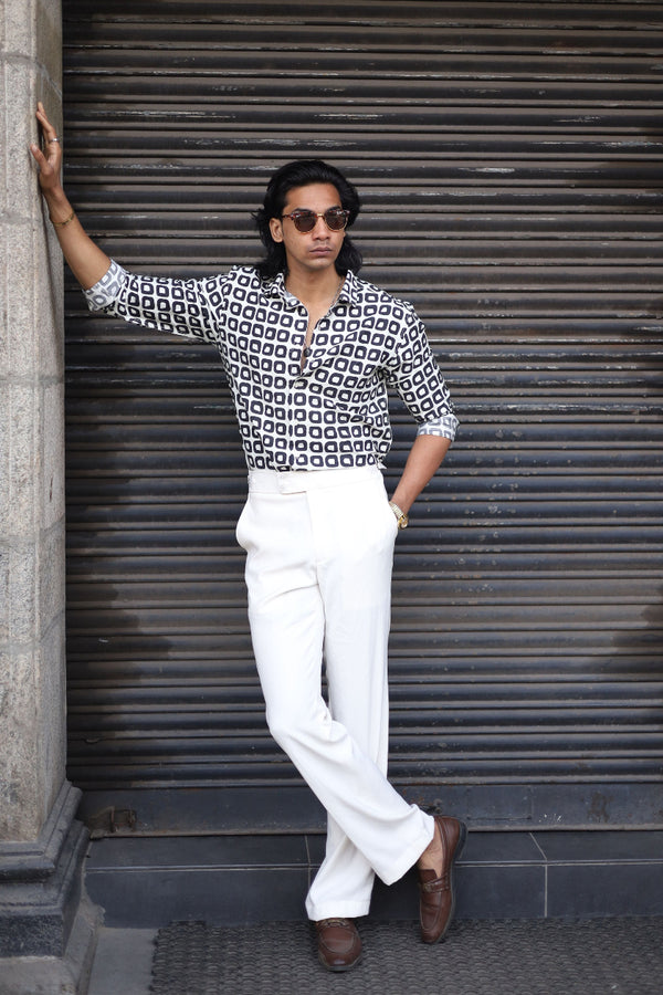 Black White Full Sleeve Block Printed Shirt