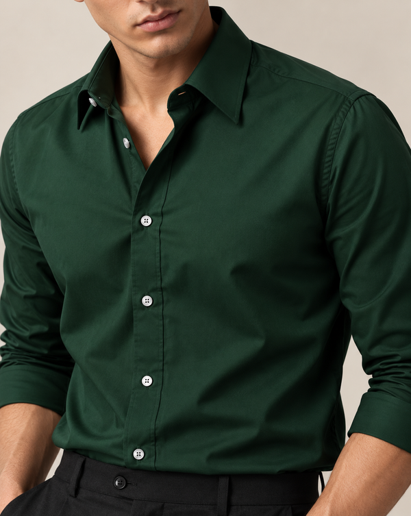 Ilyzly Bottle Green Classic Satin Plain Formal Shirt