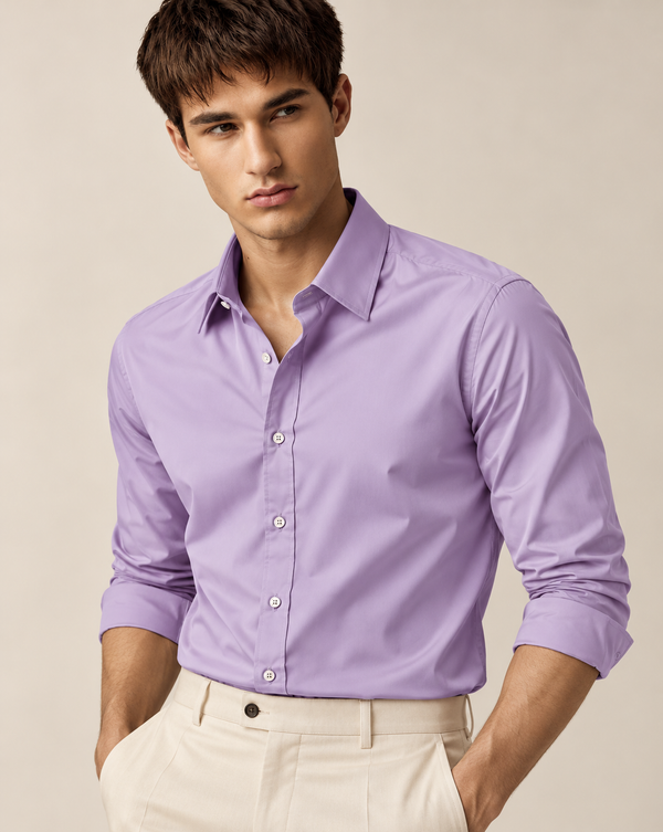 Ilyzly Light Purple Classic Satin Plain Formal Shirt