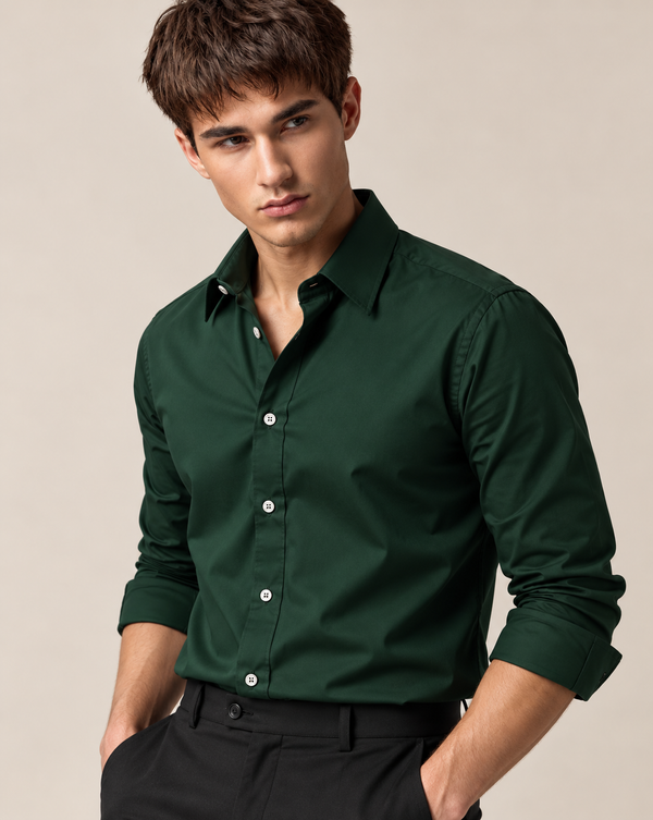 Ilyzly Bottle Green Classic Satin Plain Formal Shirt