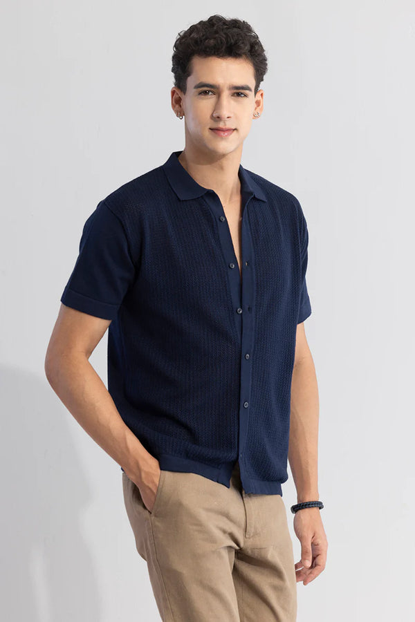 Serene knit elegance navy blue shirt