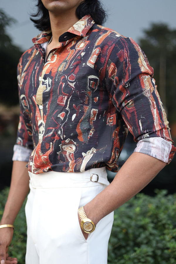 Rust Orange Full Sleeve Abstract Printed Shirt
