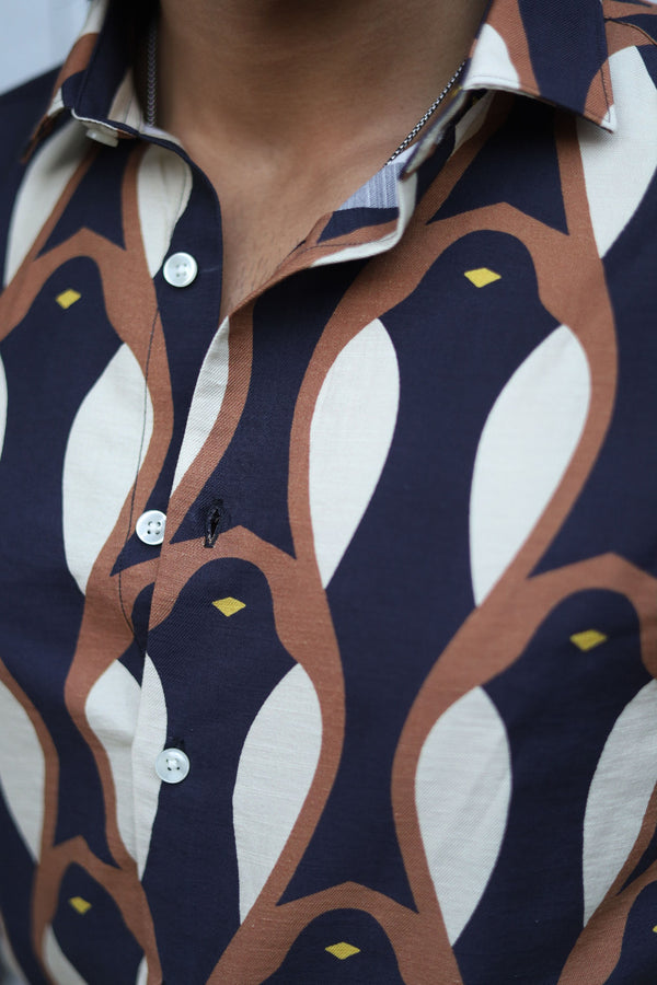 Dark Brown Full Sleeve Bird Printed Shirt