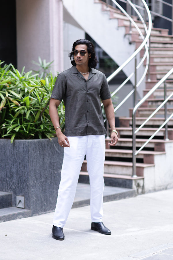 Olive green Self Jacquard Cuban Collar Shirt