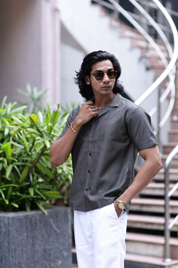 Olive green Self Jacquard Cuban Collar Shirt