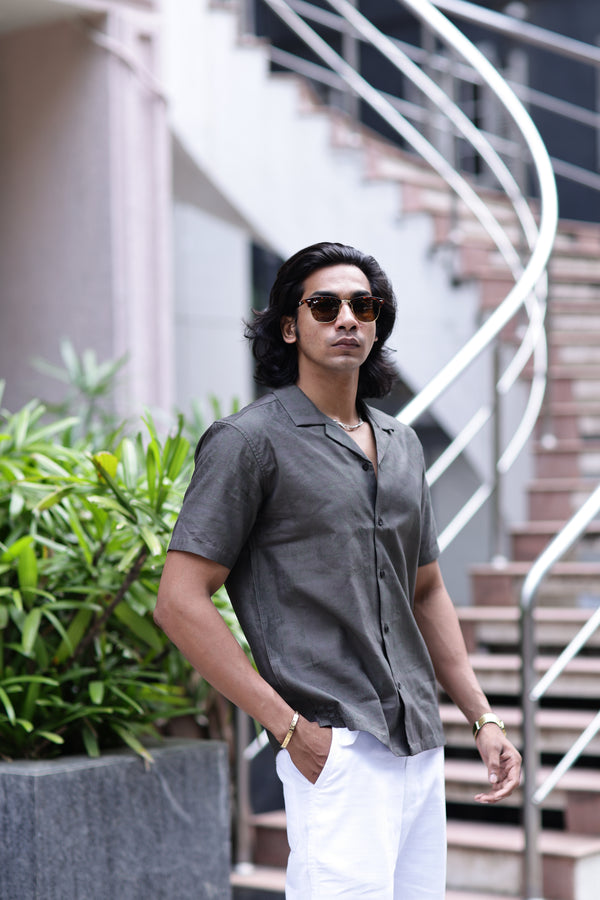 Olive green Self Jacquard Cuban Collar Shirt