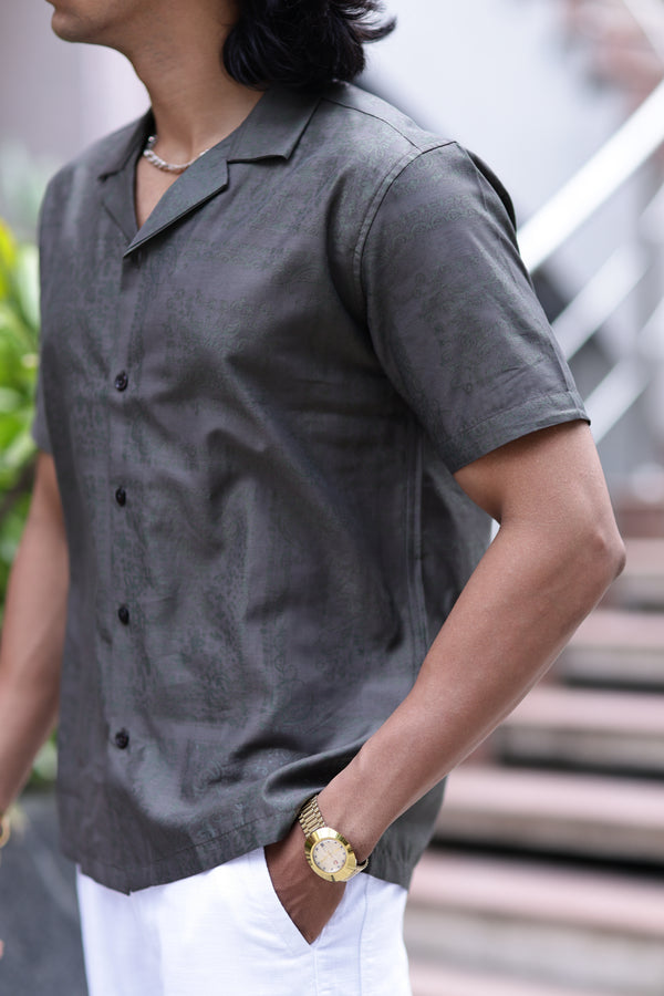 Olive green Self Jacquard Cuban Collar Shirt