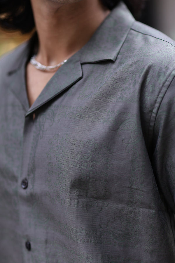 Olive green Self Jacquard Cuban Collar Shirt