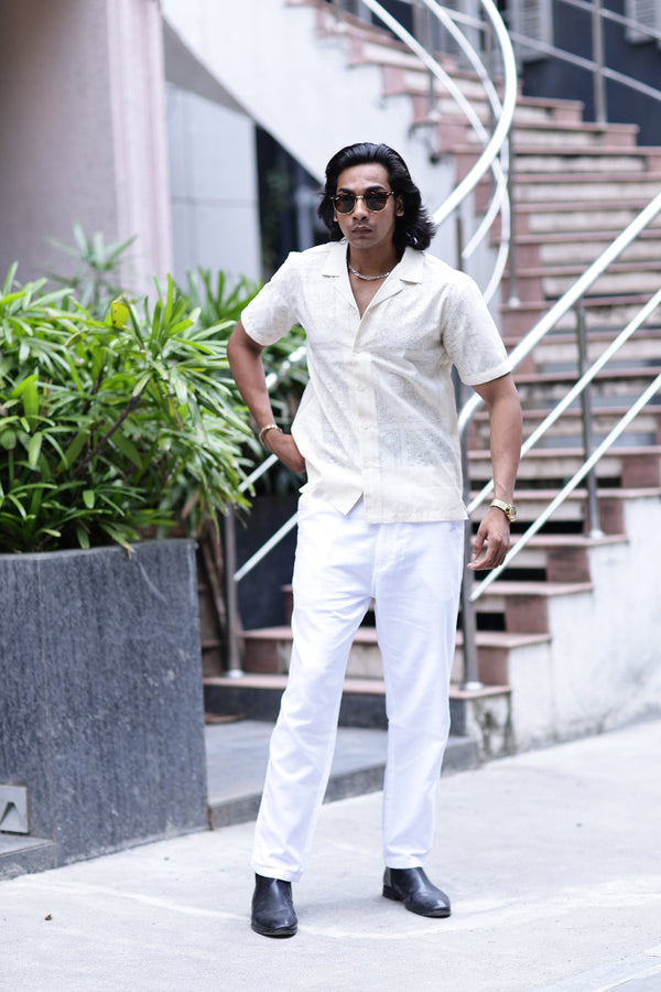 White Self Jacquard Cuban Collar Shirt