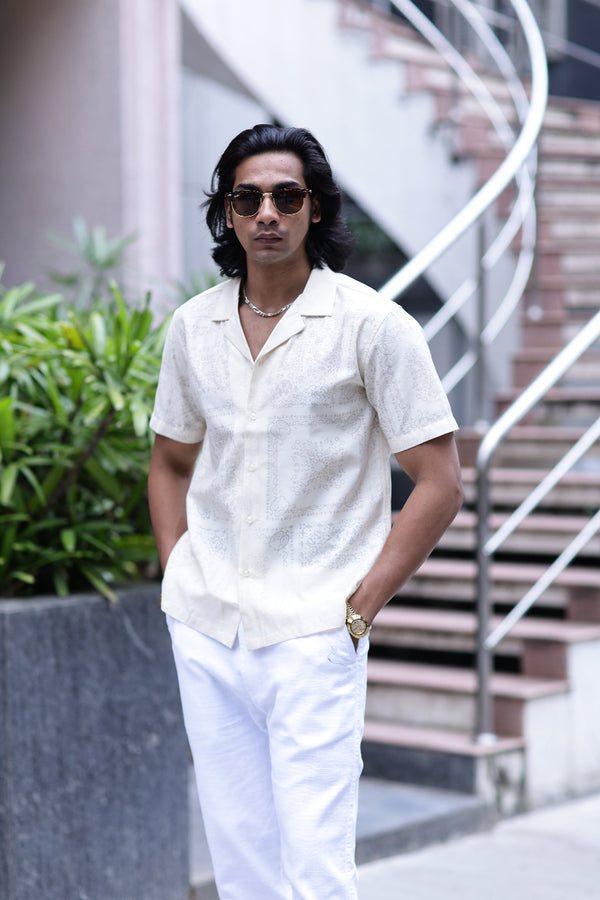 White Self Jacquard Cuban Collar Shirt