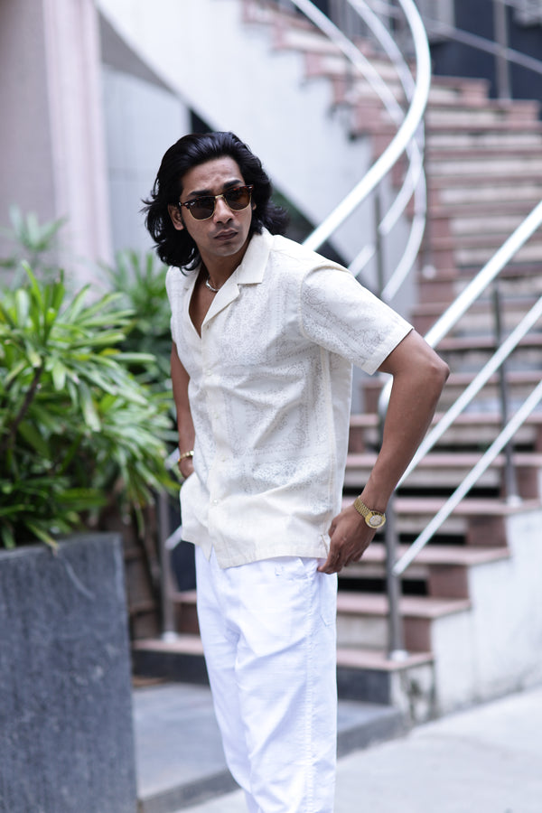 White Self Jacquard Cuban Collar Shirt