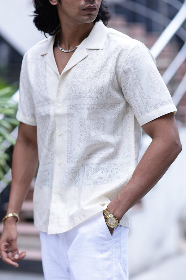 White Self Jacquard Cuban Collar Shirt