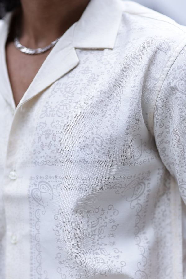 White Self Jacquard Cuban Collar Shirt