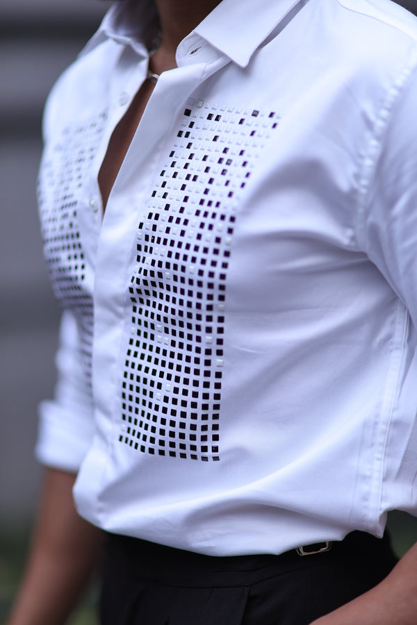 White Geometrical Small Box Designer Wear Shirt