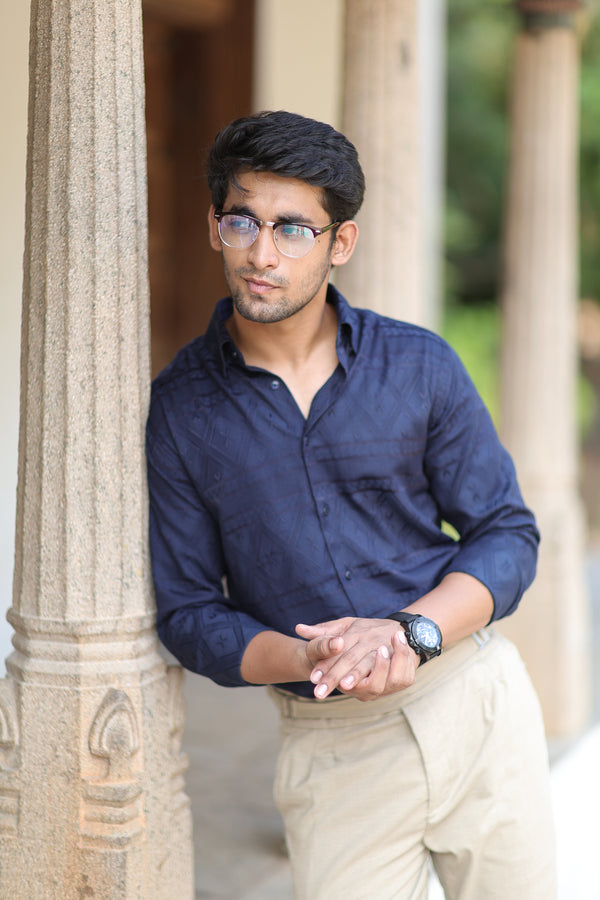 Navy Blue Geometric Festive Wear Shirt