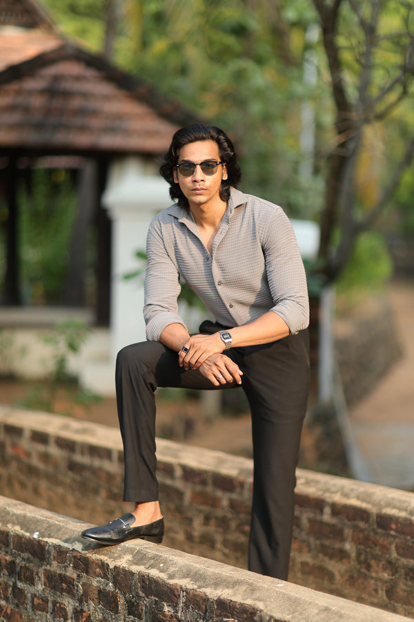 Grey Waffle Weave Office Wear Shirt