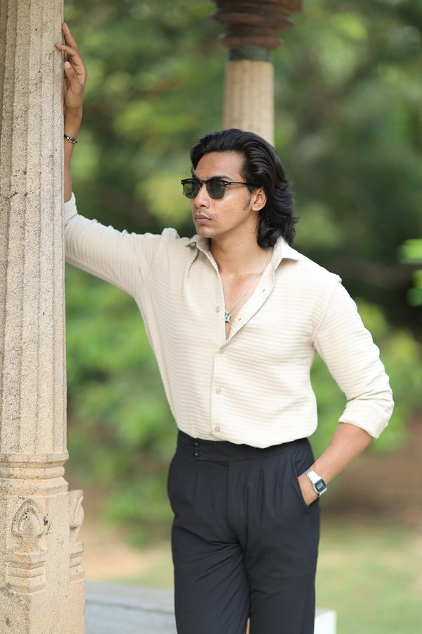 Cream Waffle Weave Office Wear Shirt