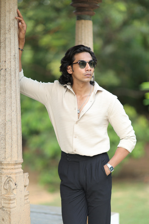 Cream Waffle Weave Office Wear Shirt