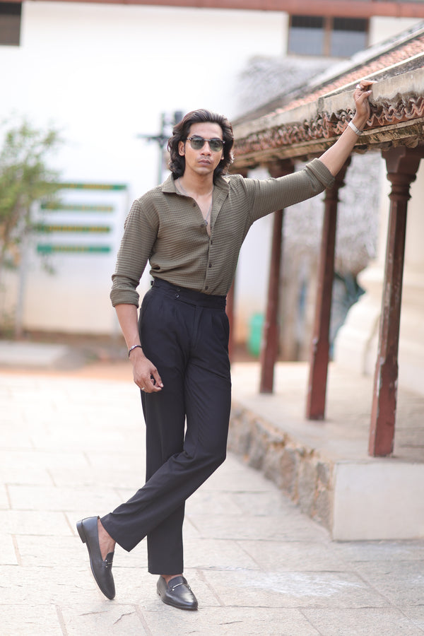 Green Waffle Weave Office Wear shirt