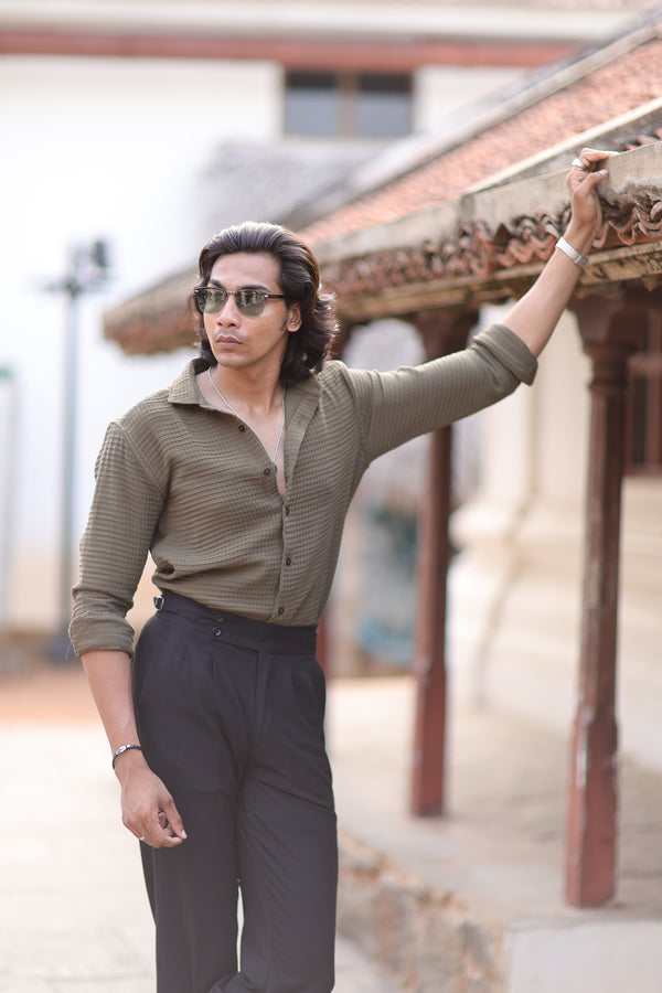 Green Waffle Weave Office Wear shirt