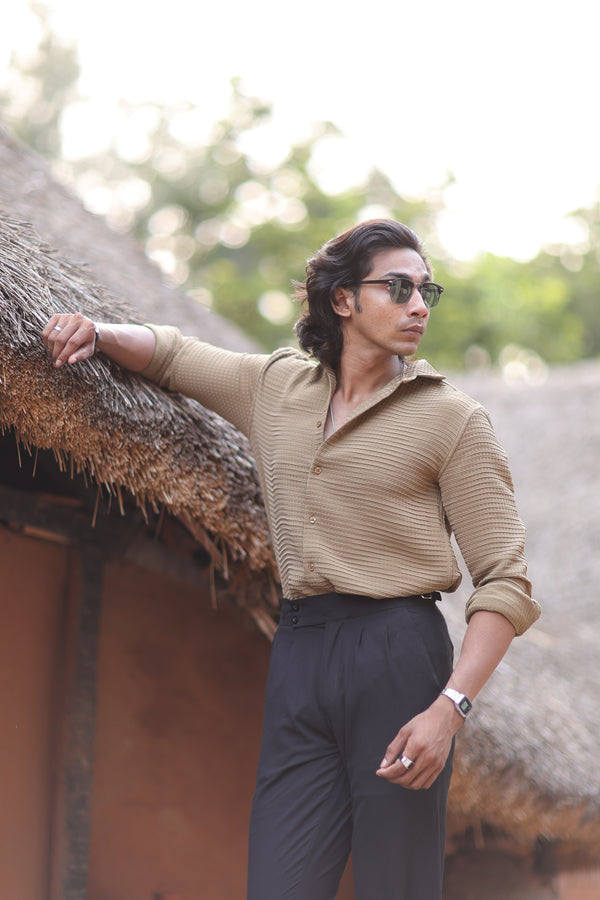 Brown Waffle Weave Office Wear Shirt