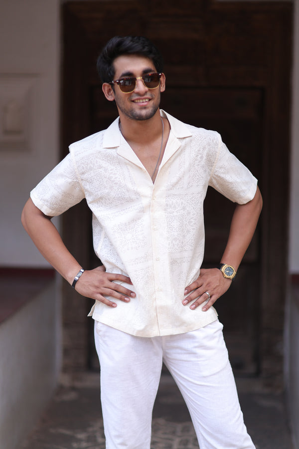 Cream Self Jacquard Cuban Collar Shirt