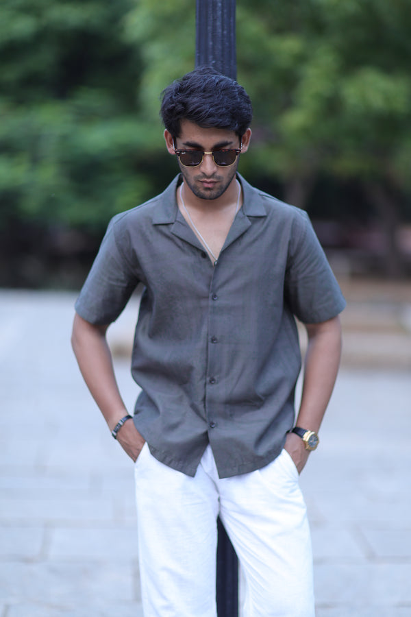 Dark Grey Self Jacquard Cuban Collar Shirt
