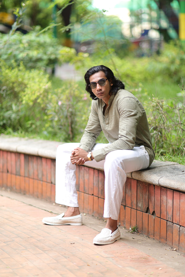 Green Mandarin Collar Self Design Shirt