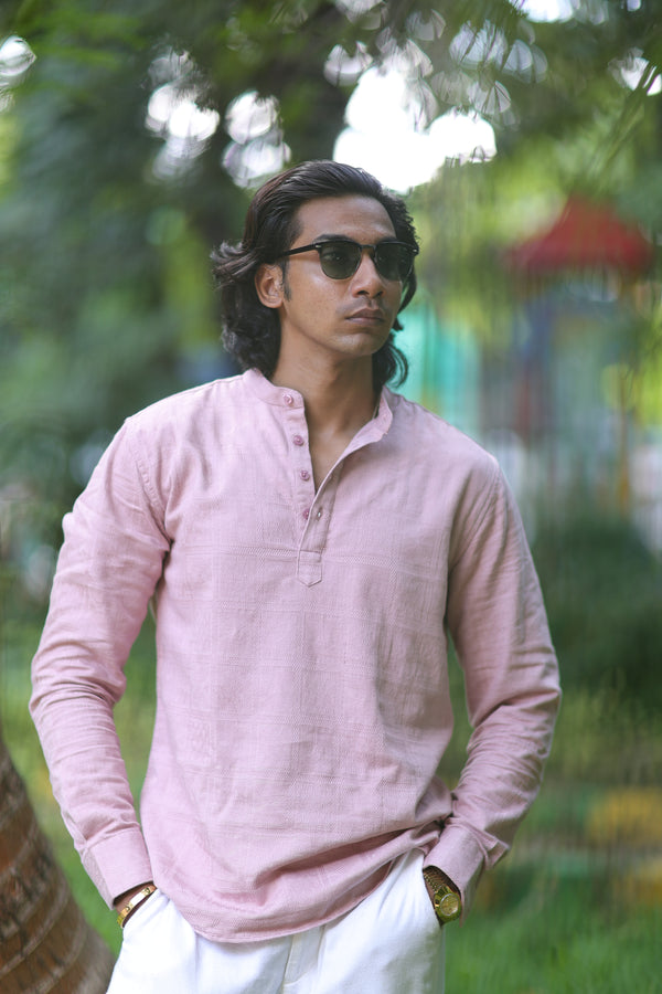 Pink Mandarin Collar Self Design Shirt