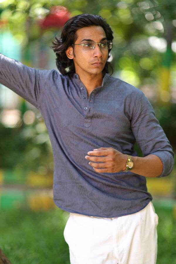 Blue Mandarin Collar Self Design Shirt