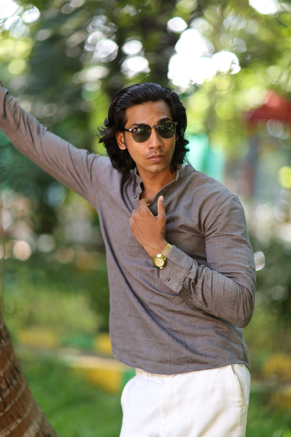 Grey Mandarin Collar Self Design Shirt