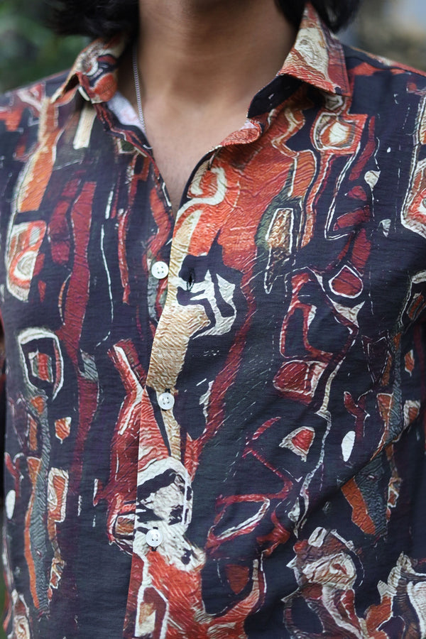 Rust Orange Full Sleeve Abstract Printed Shirt
