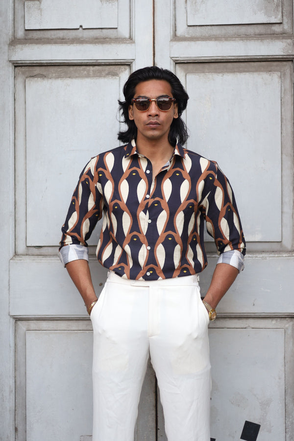 Dark Brown Full Sleeve Bird Printed Shirt