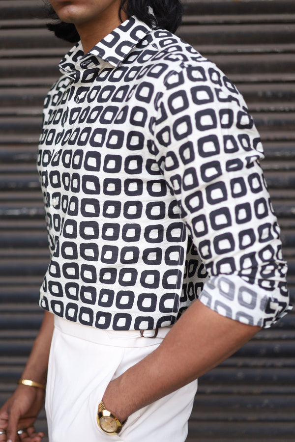 Black White Full Sleeve Block Printed Shirt