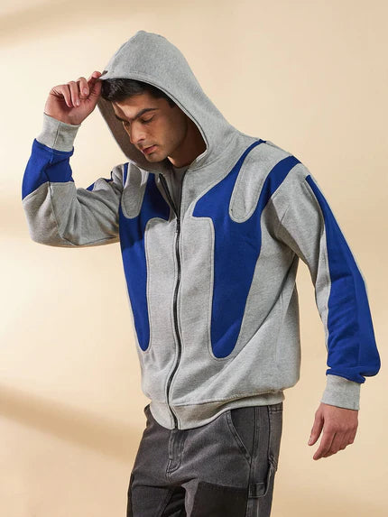 grey & royal blue cut sew zipped hoodie