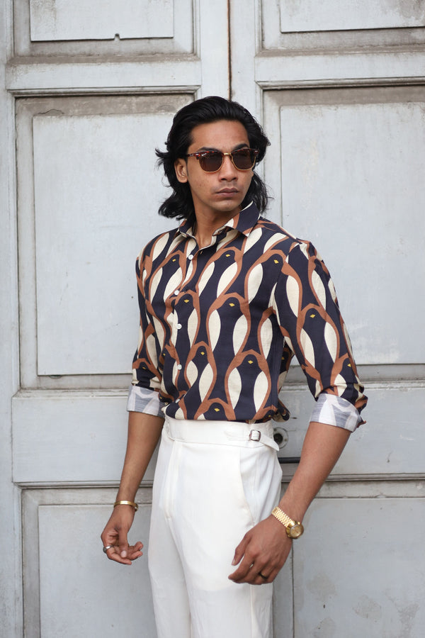 Dark Brown Full Sleeve Bird Printed Shirt