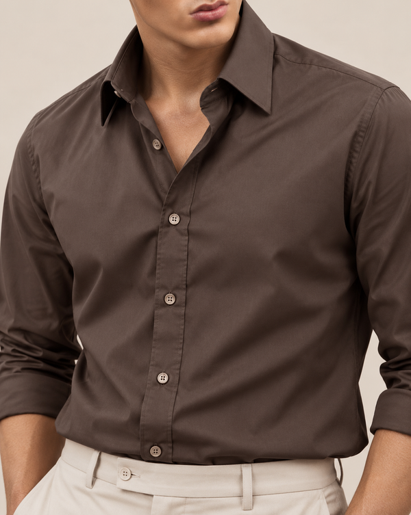 Ilyzly Charcoal Brown Classic Satin Plain Formal Shirt