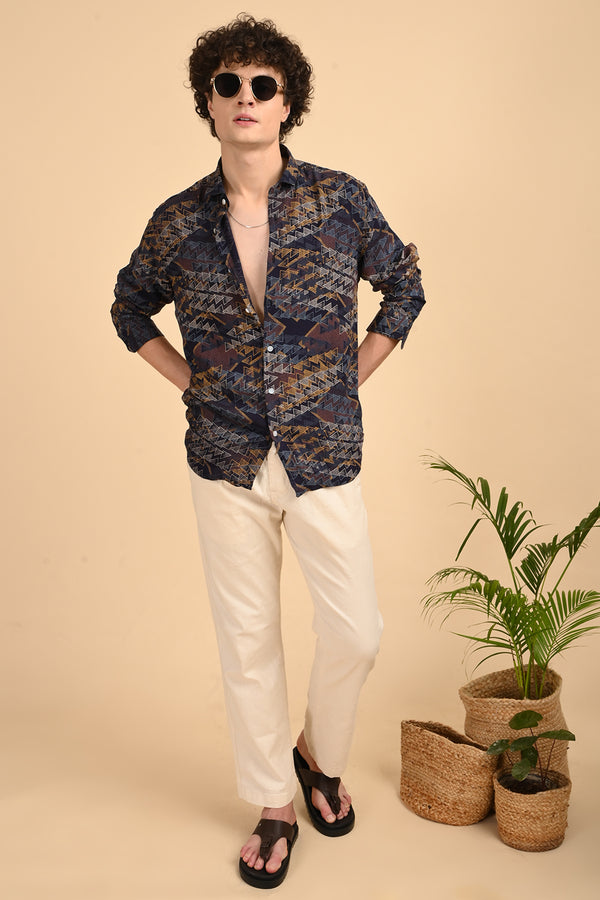 Navy Blue Print Full-Sleeve Shirt