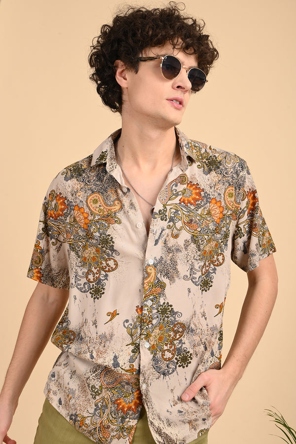 Beige Print Half-Sleeve Shirt
