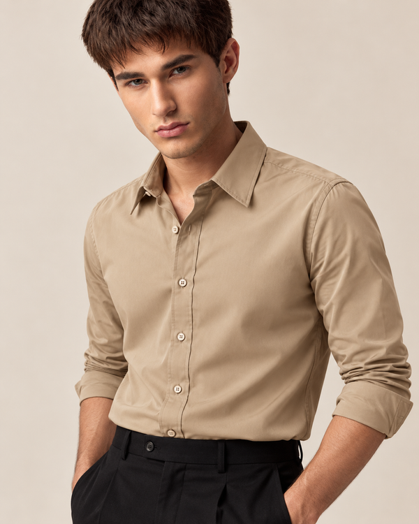 Ilyzly Khaki Classic Satin Plain Formal Shirt
