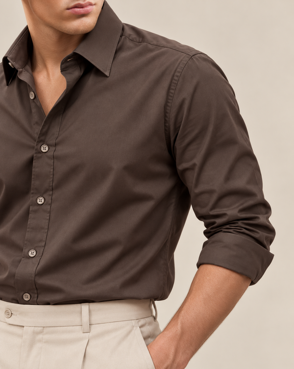 Ilyzly Charcoal Brown Classic Satin Plain Formal Shirt