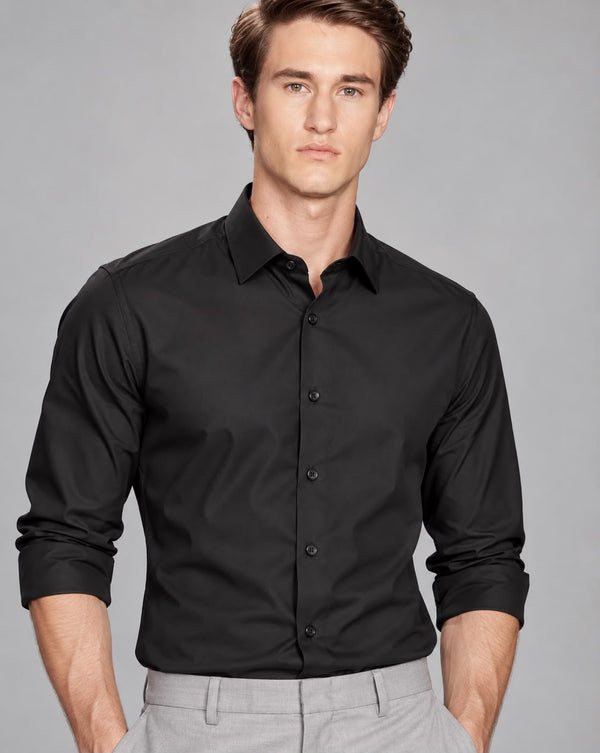 Ilyzly Stain Plain Black Formal Shirt