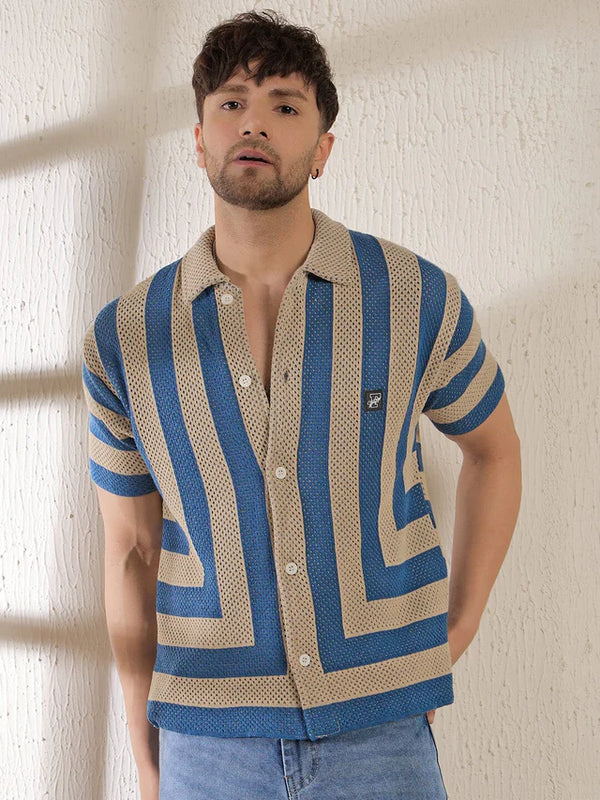 Beige & Blue Striped Crochet Knitted Shirt Ilyzly