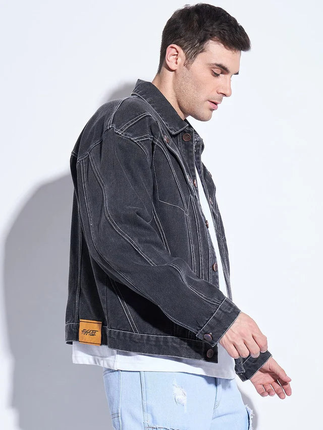 Black Wavy Panel Denim Jacket Ilyzly