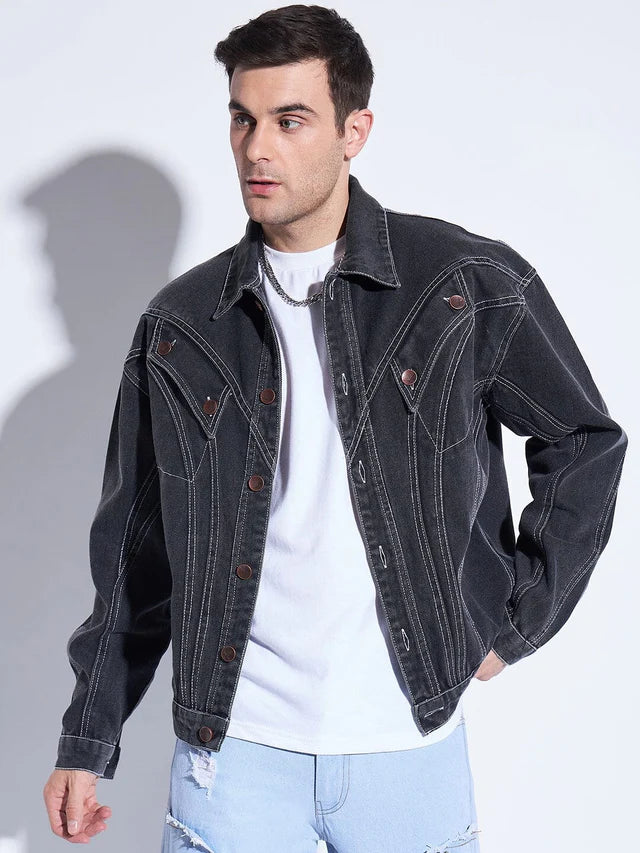 Black Wavy Panel Denim Jacket Ilyzly