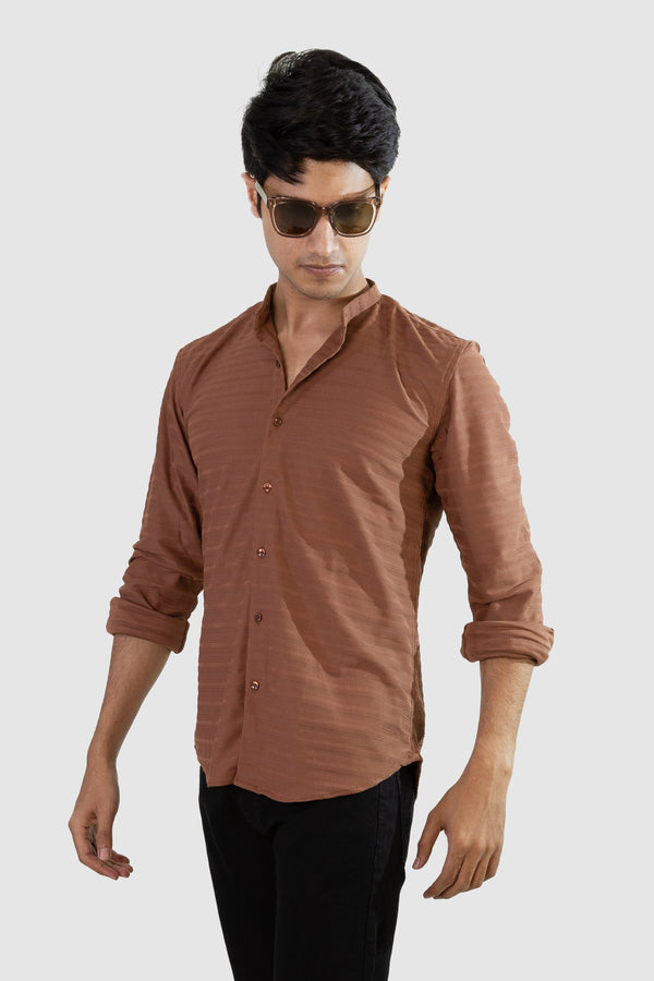 Weave Line Mandarin Collar Shirt - Brown